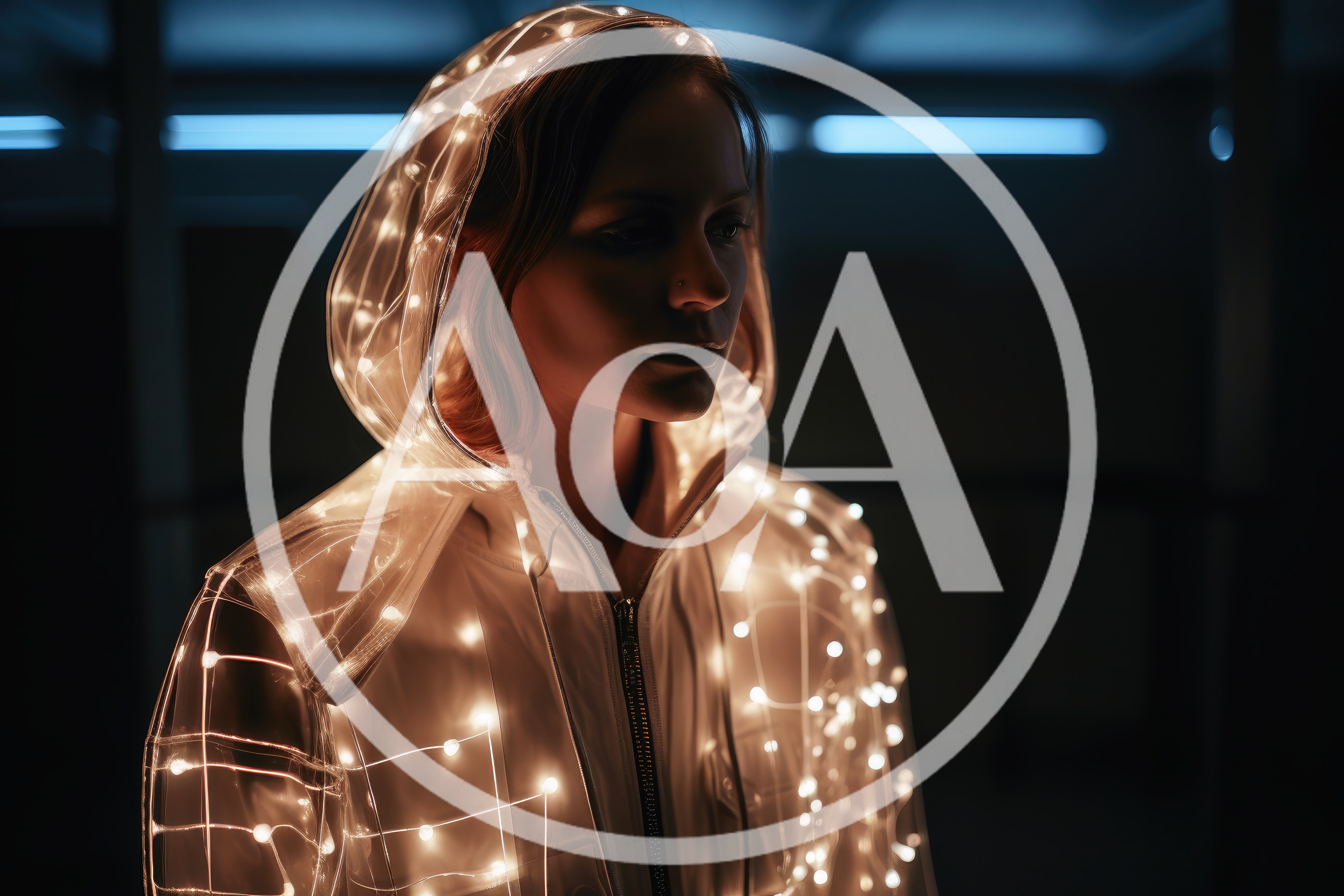 Woman Wearing Futuristic Light Up Transparent Hooded Jacket