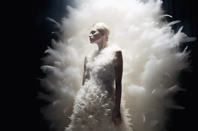 Fashion Model Wearing White Feather Dress Against Dark Background