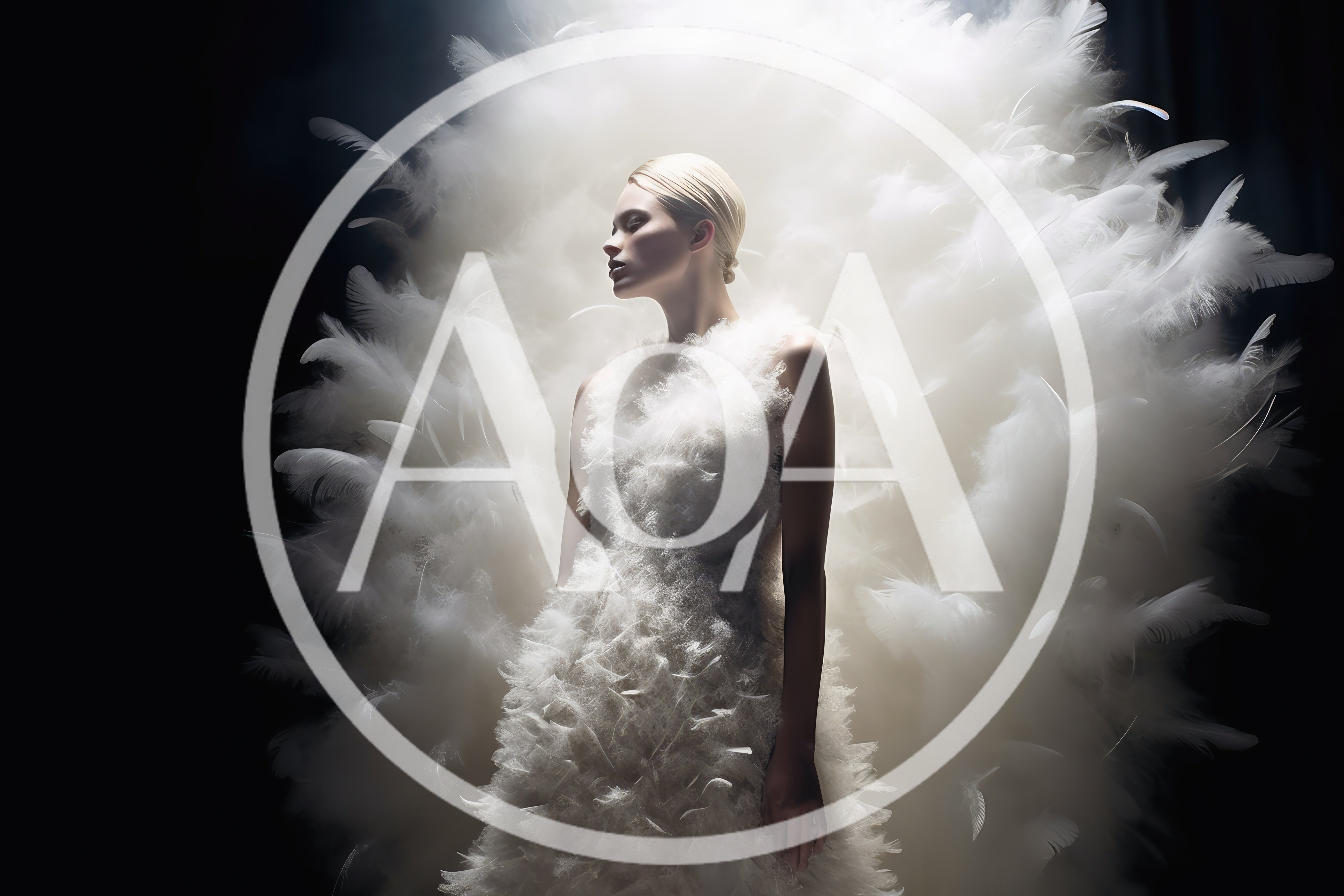 Fashion Model Wearing White Feather Dress Against Dark Background