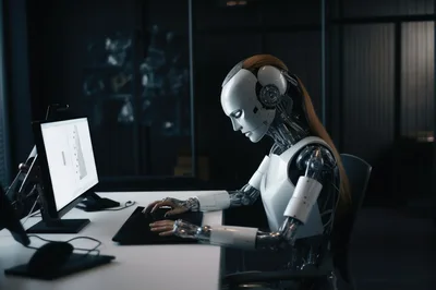 Humanoid Robot Working On Computer In Dark Office