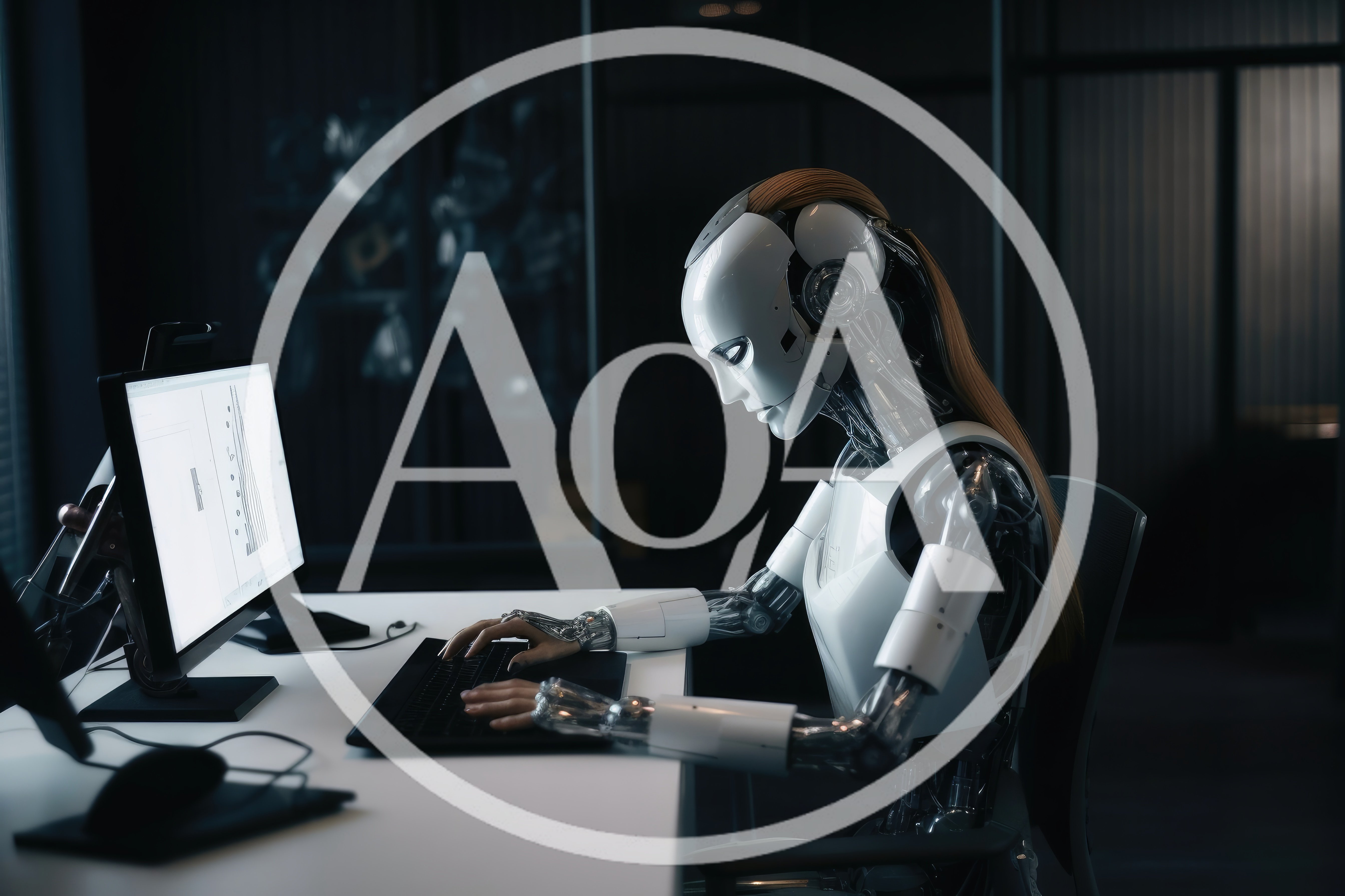 Humanoid Robot Working On Computer In Dark Office