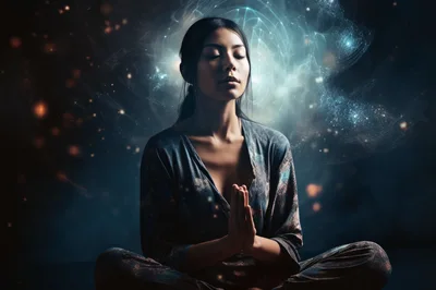 Woman Meditating In Deep Space Cosmic Atmosphere