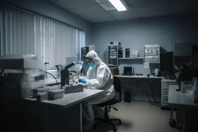 Scientist Working In A Laboratory In Protective Gear