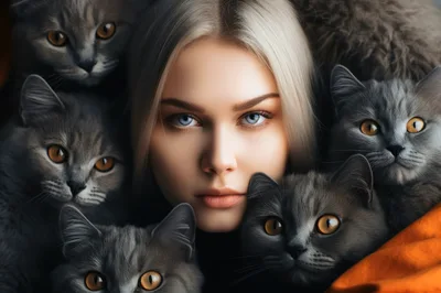 Portrait Of A Young Woman Surrounded By Grey Cats