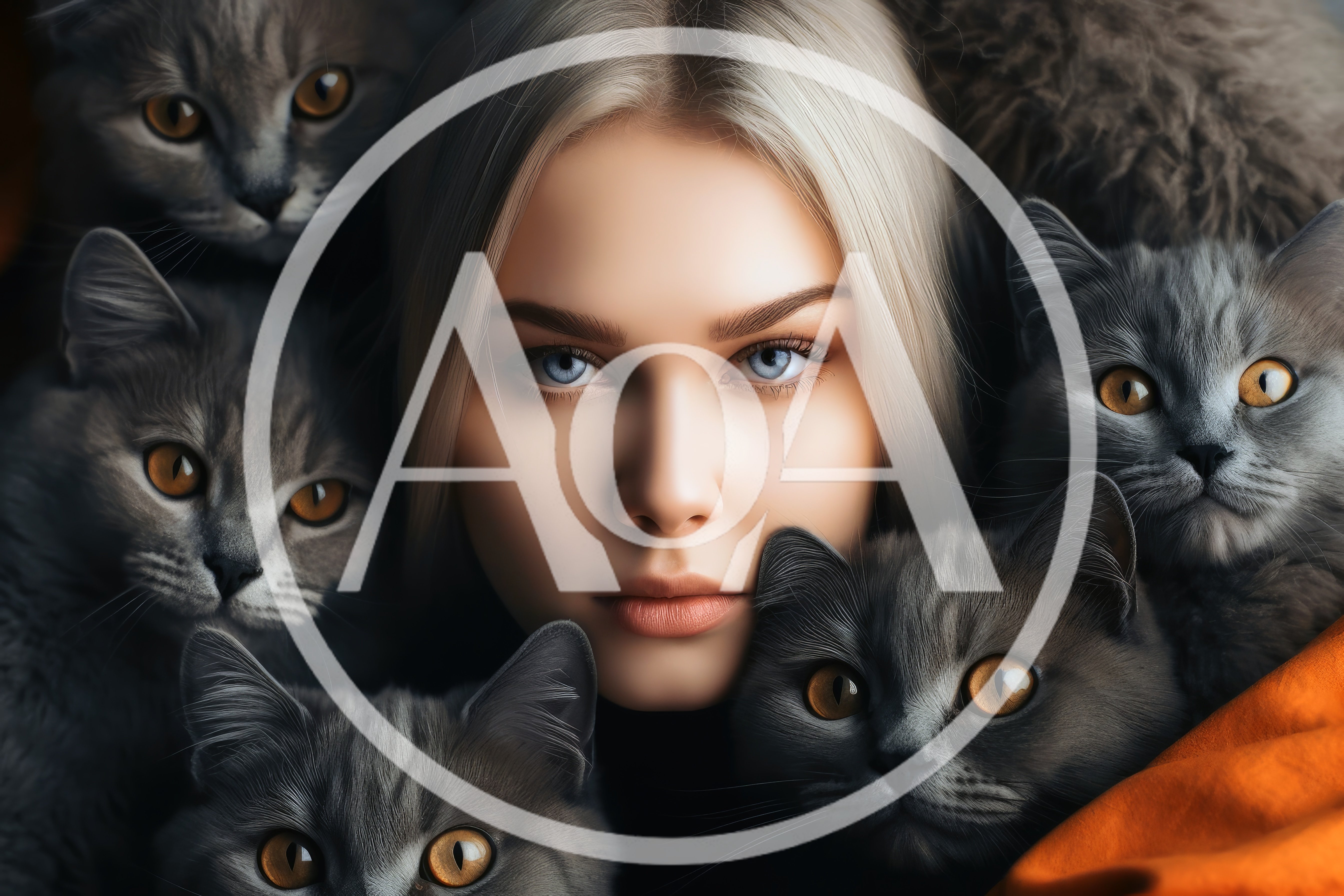 Portrait Of A Young Woman Surrounded By Grey Cats