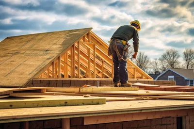 Construction Worker Installing Roof Sheathing On Residential Building