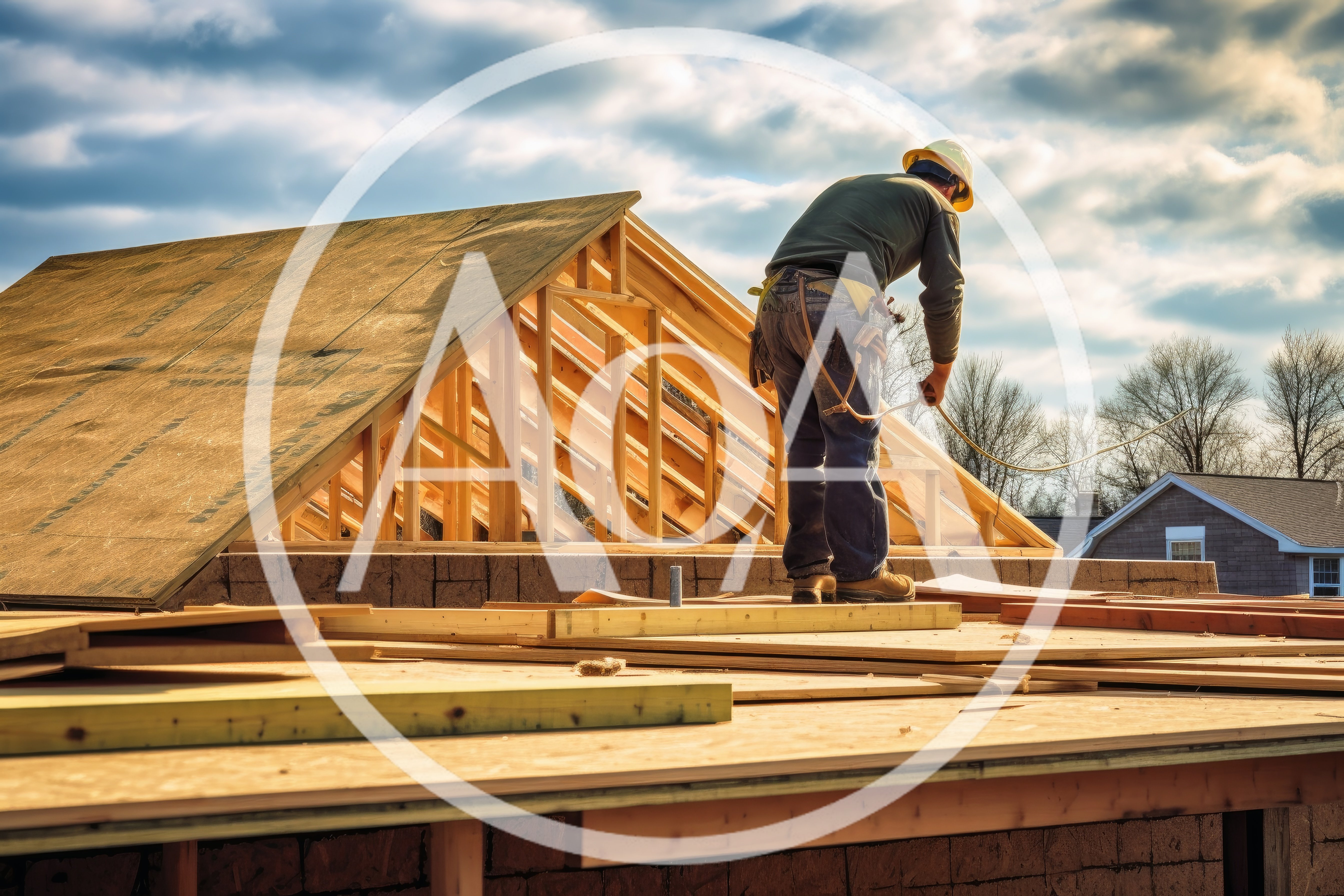 Construction Worker Installing Roof Sheathing On Residential Building