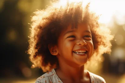 Happy Young Child With Curly Hair Smiling Outdoors