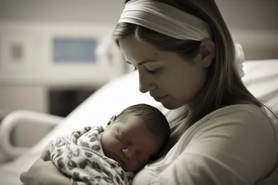 Mother Holding Her Newborn Baby In Hospital Bed