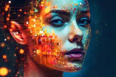 Digital Human Face With Abstract Data Glitch Effects
