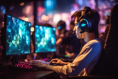 Professional Gamer Playing Video Game In Esports Arena