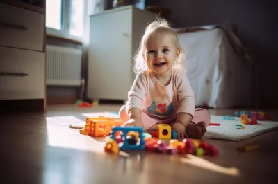 Happy Toddler Playing With Colorful Building Blocks