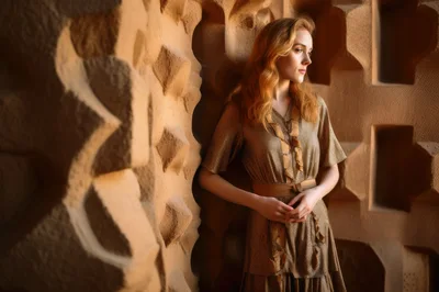 Elegant Woman Posing Against Textured Architectural Wall