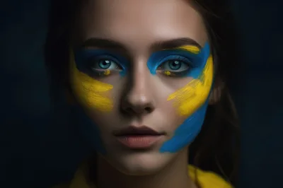 Portrait Of A Young Woman With Ukrainian Flag Facepaint