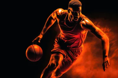 Basketball Player Dribbling Ball In Dramatic Orange Lighting