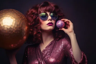 Glamorous Woman Holding Disco Ball And Bath Bomb