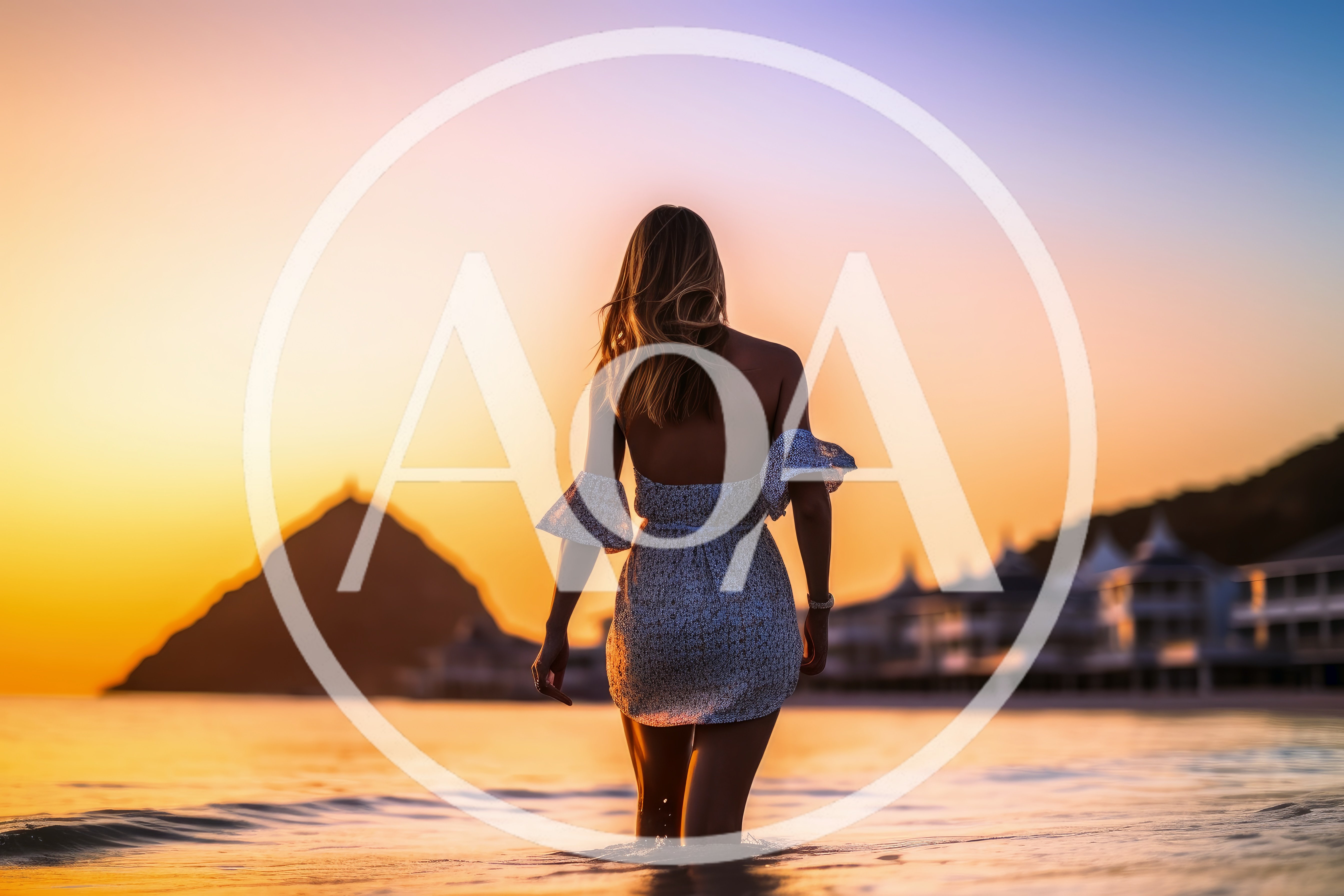 Woman Walking Into Ocean At Sunset