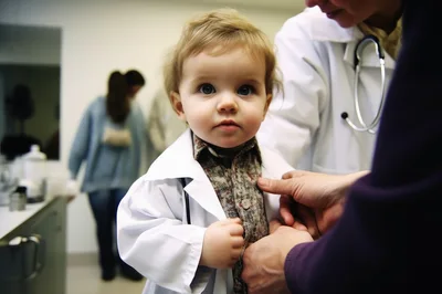 Toddler Wearing Doctor Coat During Medical Checkup