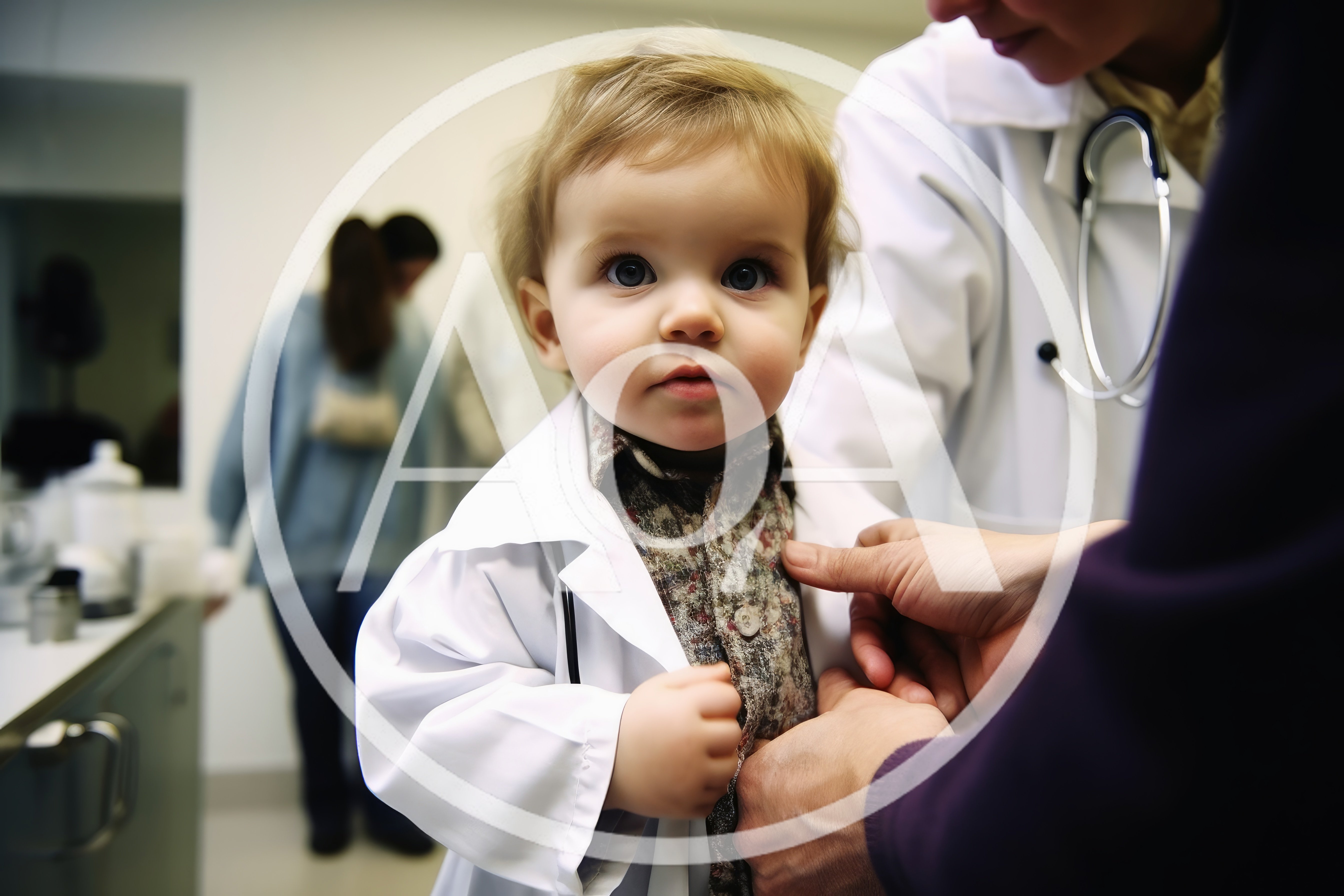 Toddler Wearing Doctor Coat During Medical Checkup