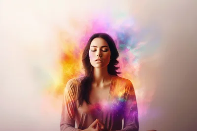 Woman Meditating With Colorful Ethereal Energy Aura