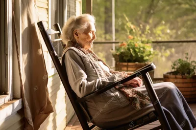 Elderly Woman Resting In A Rocking Chair On Porch