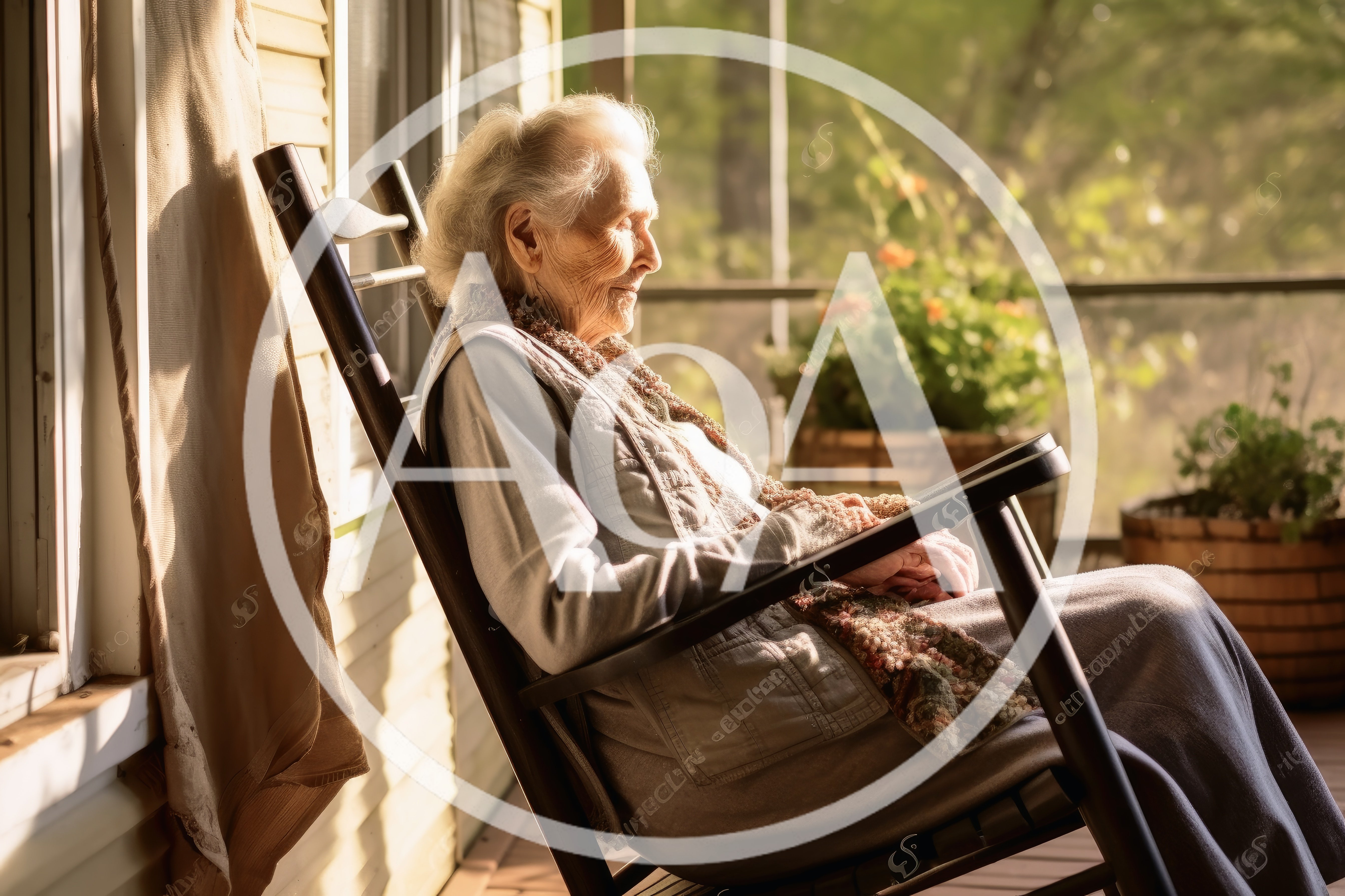 Elderly Woman Resting In A Rocking Chair On Porch