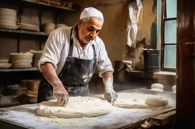 Elderly Baker Kneading Dough In Traditional Bakery