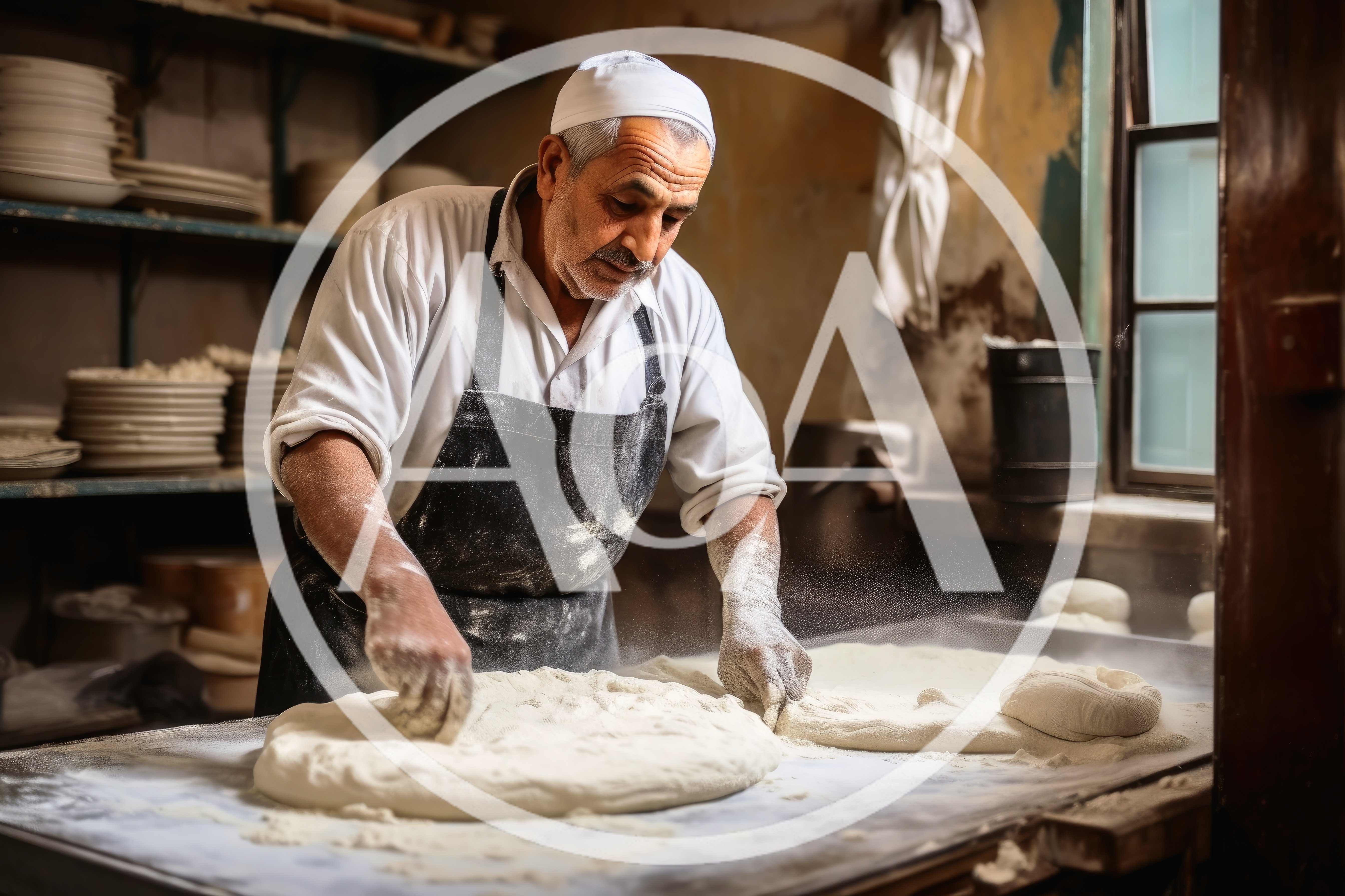 Elderly Baker Kneading Dough In Traditional Bakery