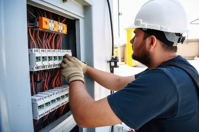 Electrician Working On Industrial Electrical Control Panel
