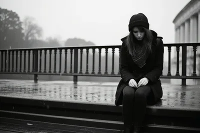 Sad Young Woman Sitting Alone Outdoors In The Rain