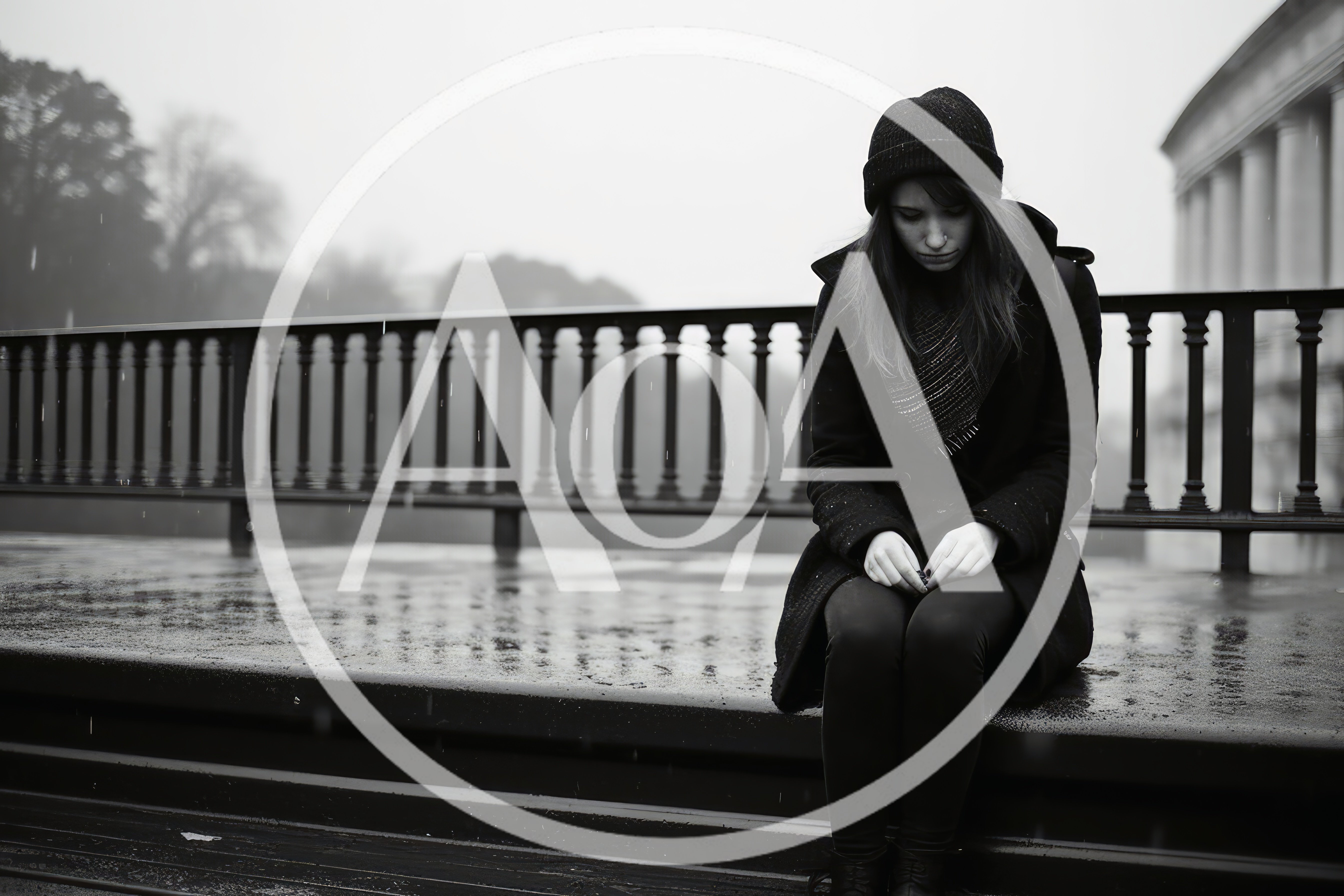 Sad Young Woman Sitting Alone Outdoors In The Rain