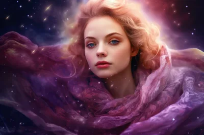 Ethereal Woman With Flowing Purple Fabric In Space