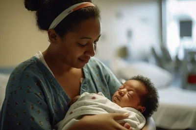 New Mother Holding Her Newborn Baby In Hospital Room