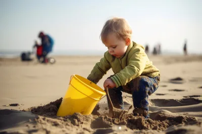 Toddler Playing With Yellow Bucket On Sandy Beach