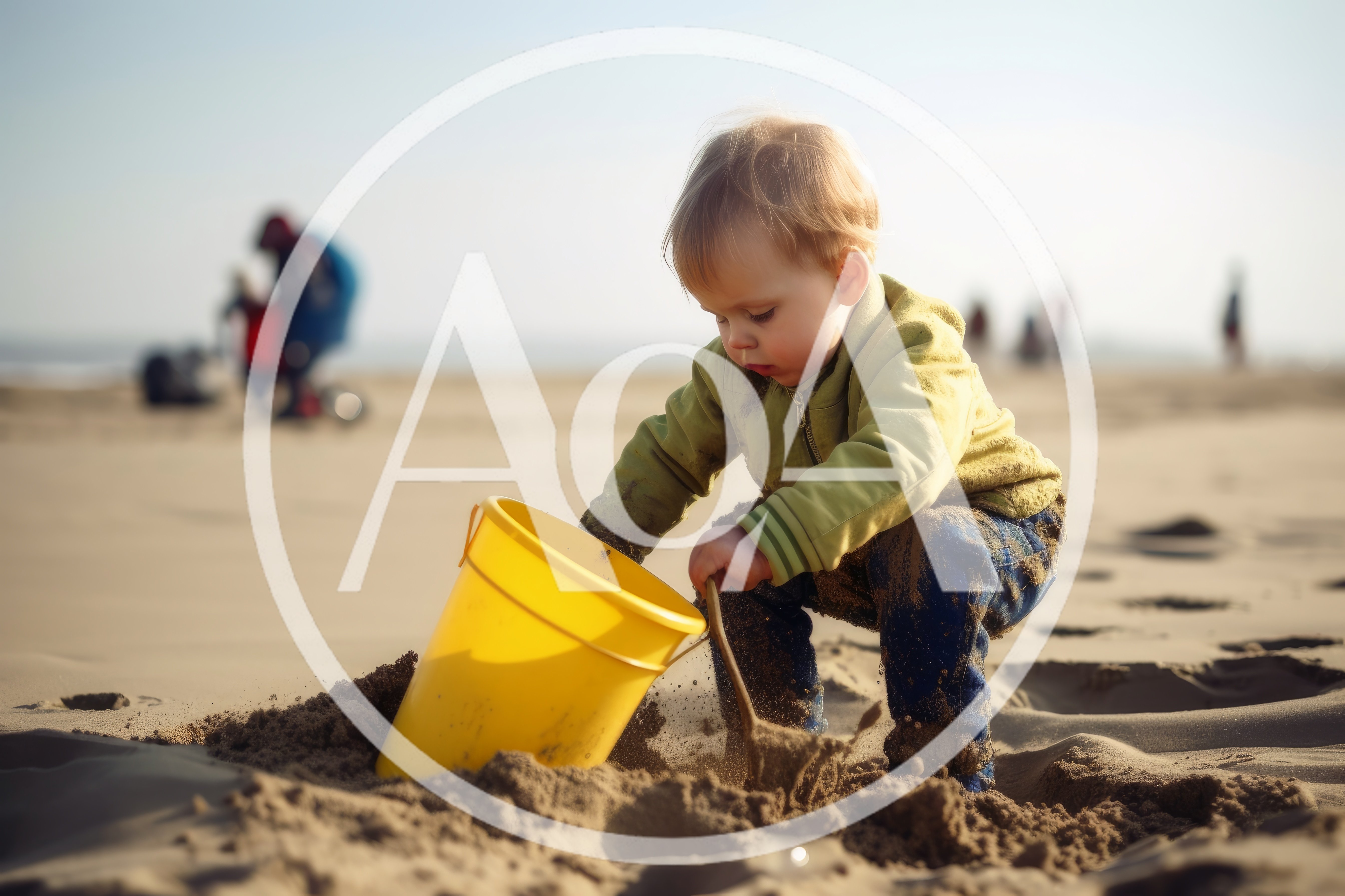 Toddler Playing With Yellow Bucket On Sandy Beach
