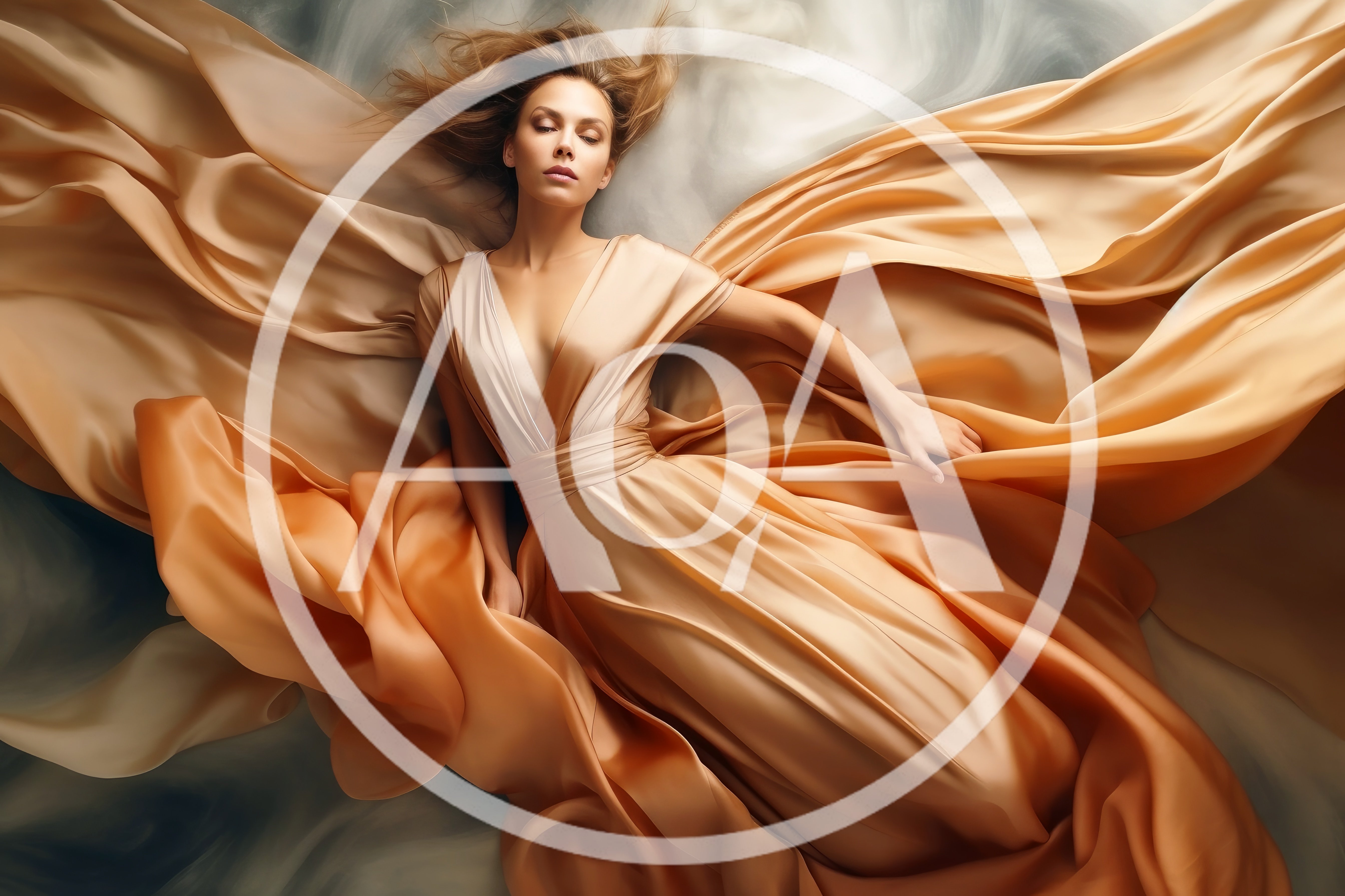 Elegant Woman In Flowing Golden Silk Dress