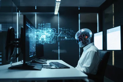 Cyborg Professional Working at Computer in Futuristic Office
