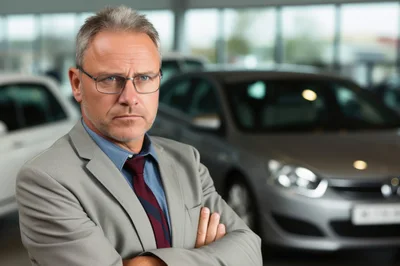 Serious Middle Aged Car Salesman Standing In Dealership