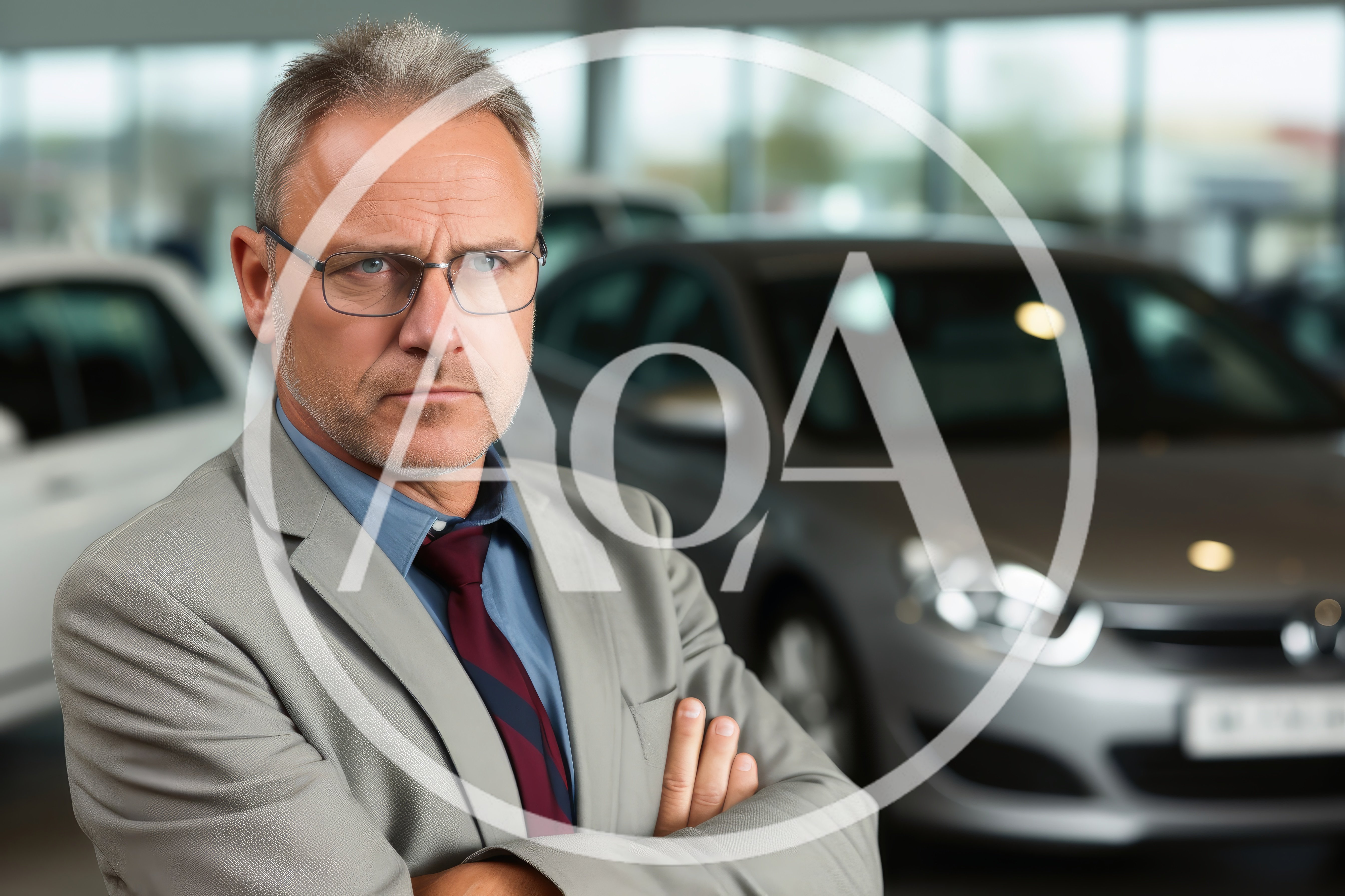 Serious Middle Aged Car Salesman Standing In Dealership