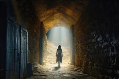 Woman Walking Through A Dark Stone Tunnel Toward Light