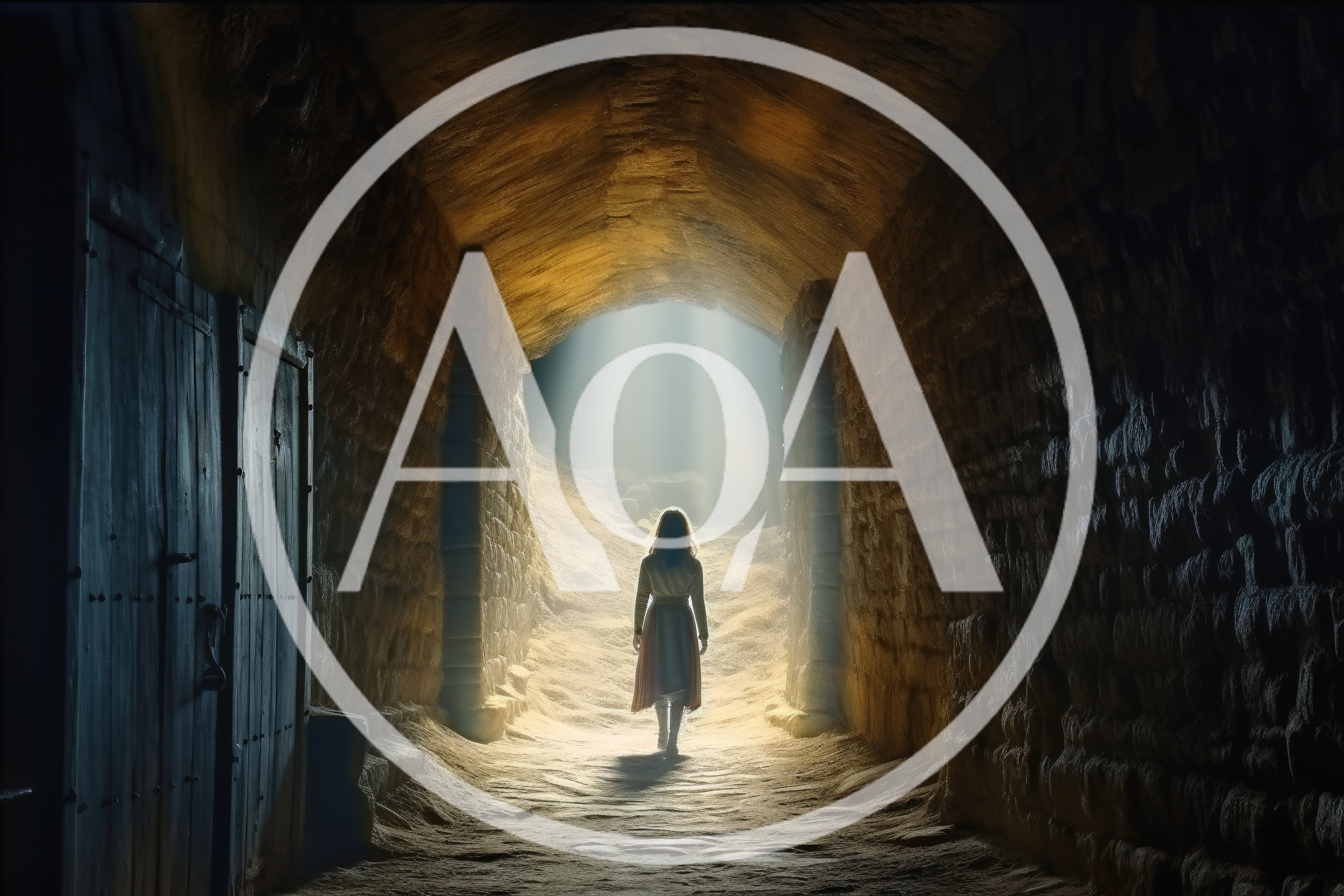 Woman Walking Through A Dark Stone Tunnel Toward Light