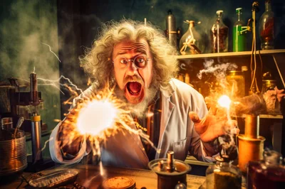 Mad Scientist Conducting Electrical Experiment In Laboratory