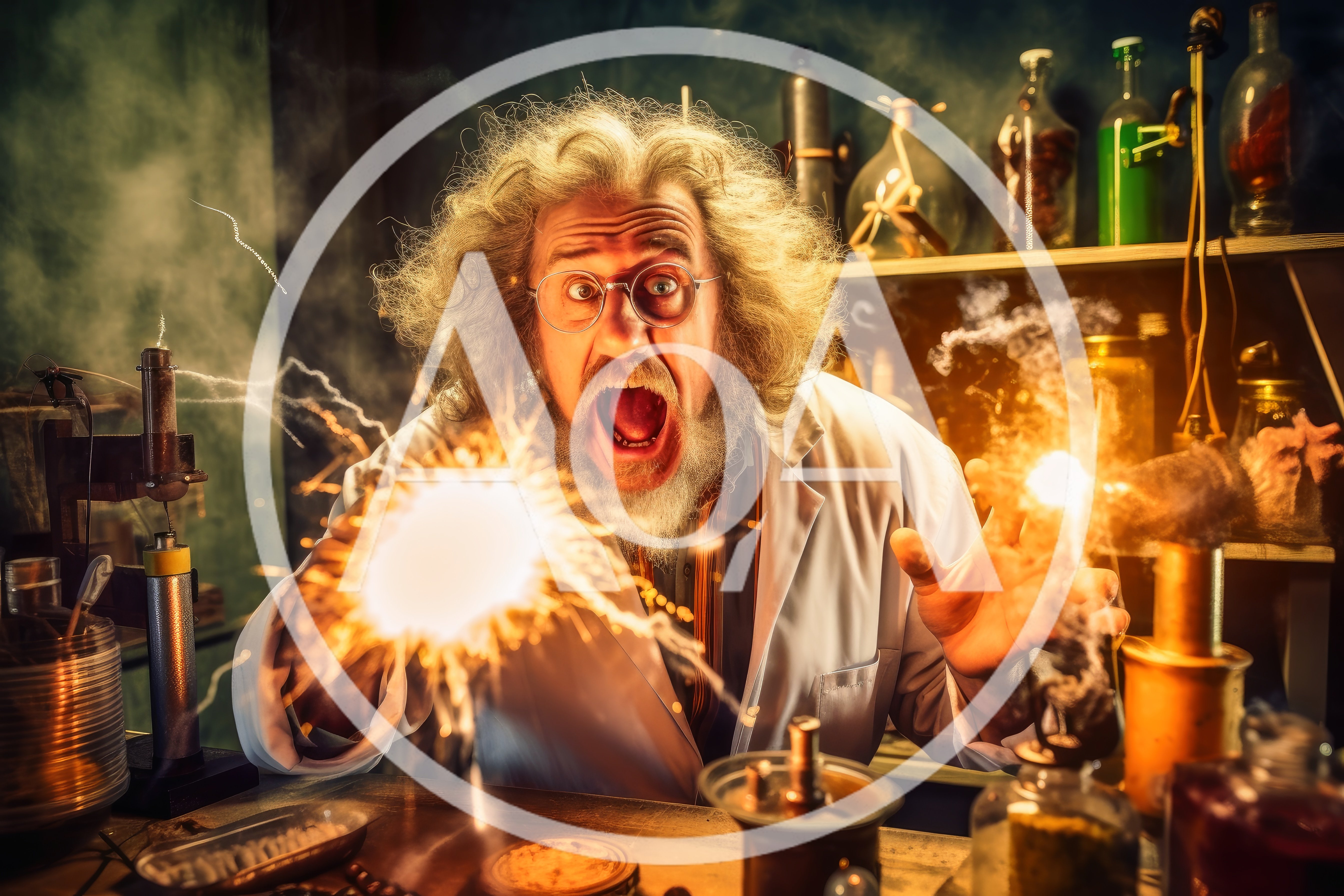 Mad Scientist Conducting Electrical Experiment In Laboratory