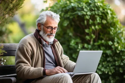Senior Man Using Laptop Outdoors