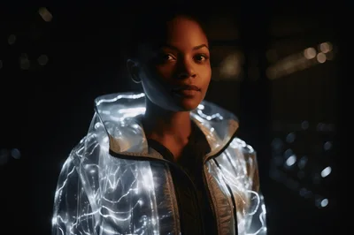 Portrait Of A Woman Wearing A Glowing Futuristic Jacket