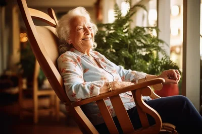 Elderly Woman Relaxing In A Wooden Rocking Chair