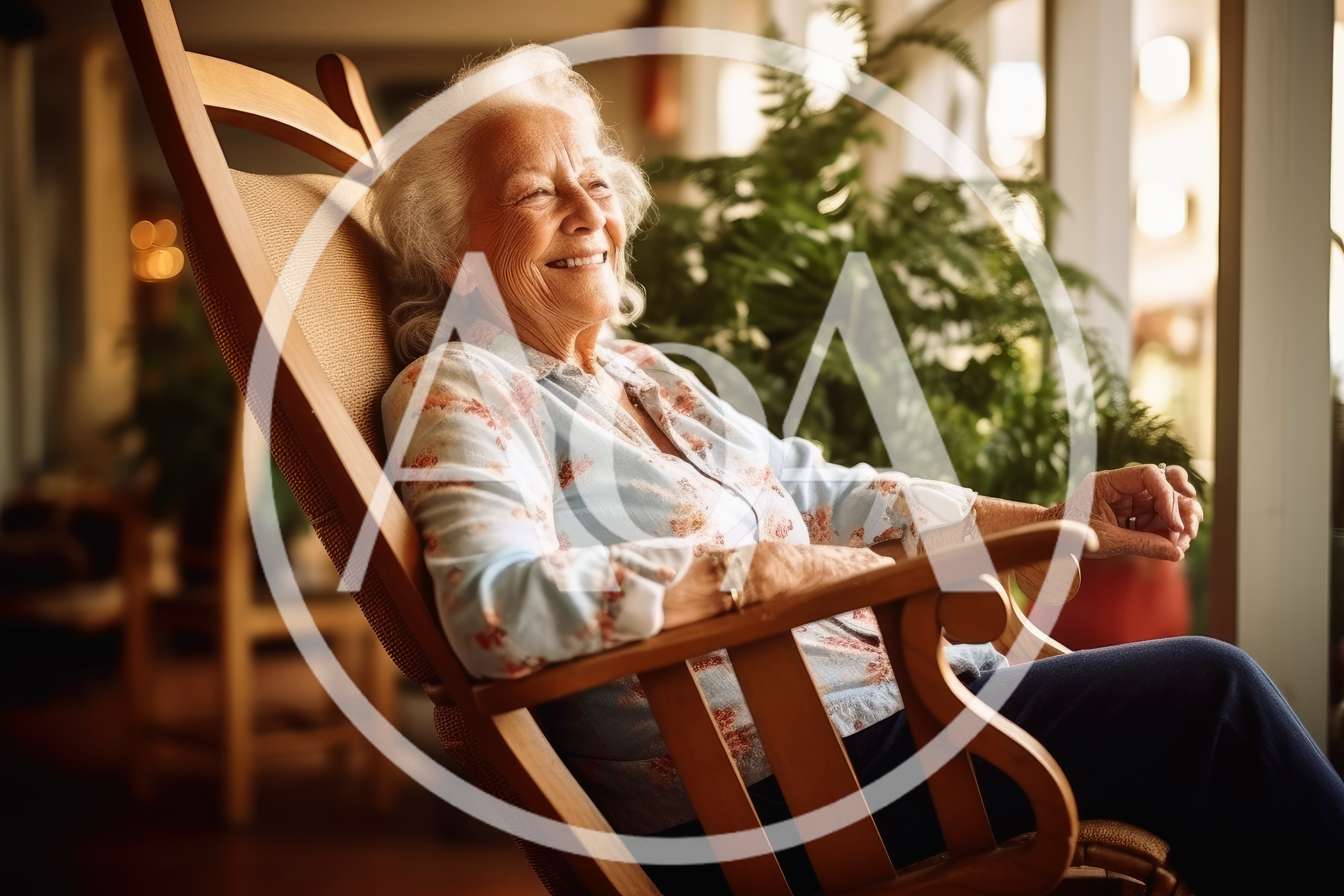 Elderly Woman Relaxing In A Wooden Rocking Chair
