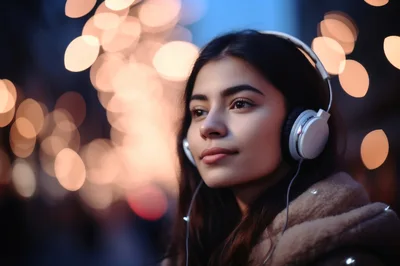 Young Woman Listening To Music With Headphones Outdoors