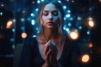 Young Woman Praying With Eyes Closed In Soft Lighting