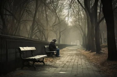 Solitary Person Sitting On A Park Bench In Fog